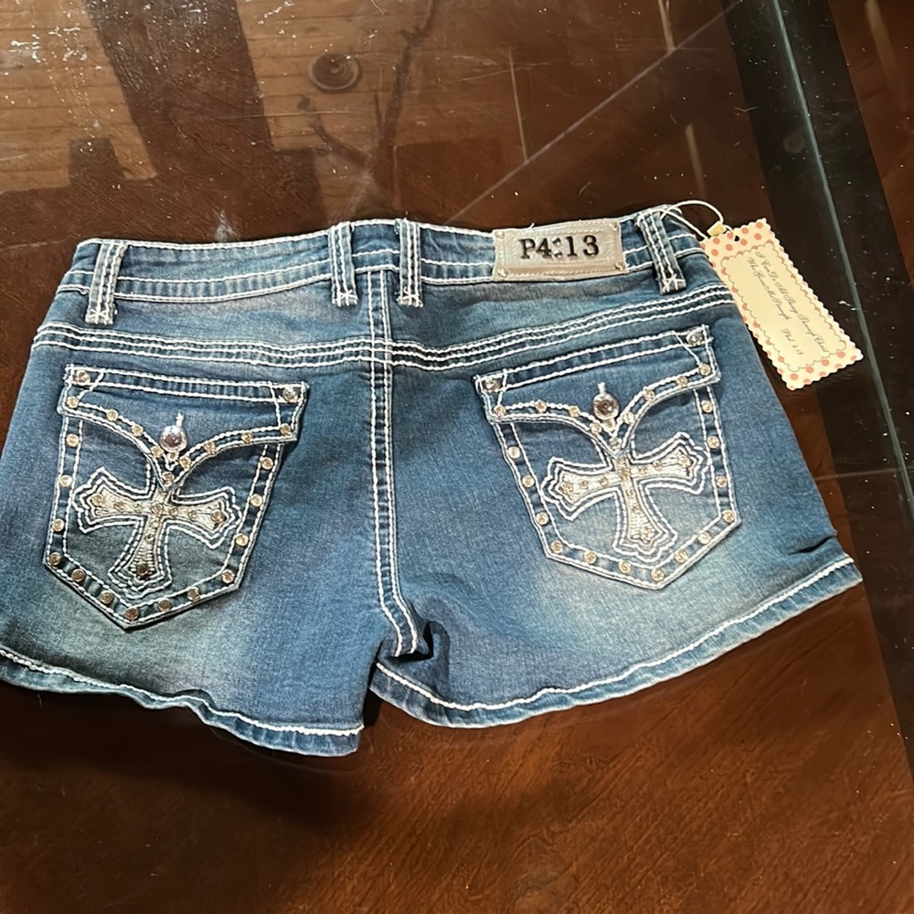 P4:13 P FOUR ONE THHREE MELINDA THICK STITCH CROSS JEWEL ACCENT BLING SHORTS